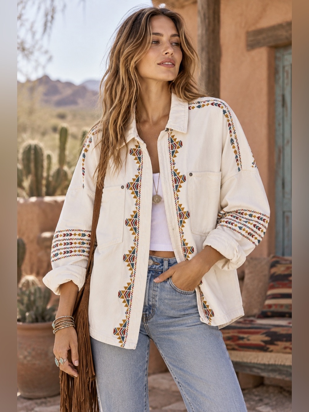 Zara White Denim Embroidered Southwest Shacket Women's XL